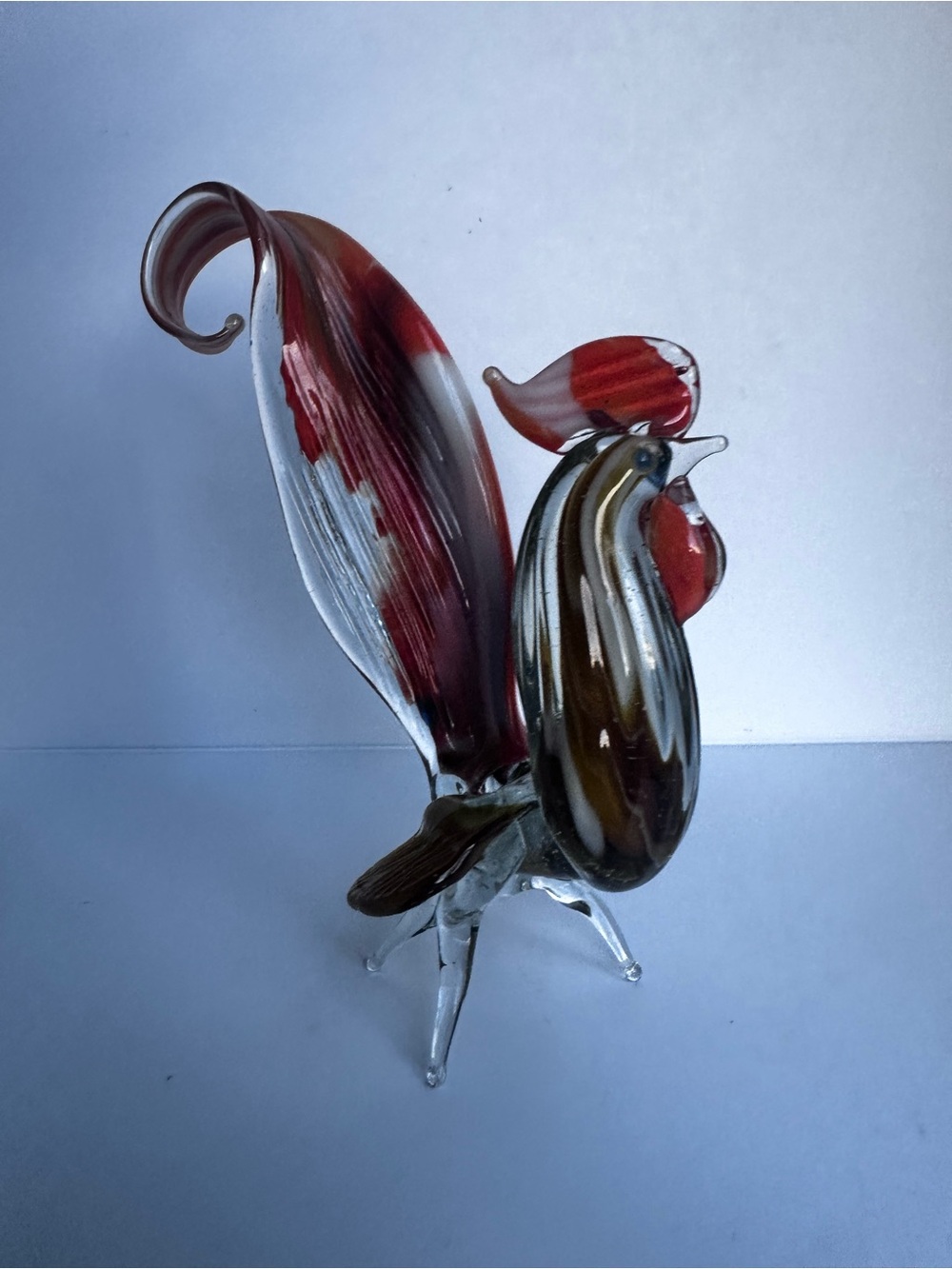 Murano (?) Handblown Glass Rooster Figurine 8.5” Orange,Brown and Clear